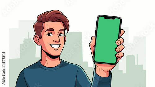 Smiling young man holding a smartphone with a green screen in front of a cityscape background, perfect for app promotion