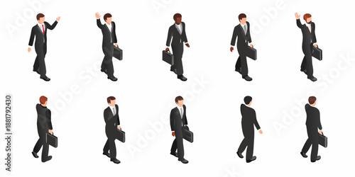 Isometric illustration of diverse businessmen walking with briefcases in various poses