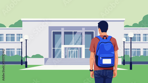 A young student with a blue backpack stands in front of a modern educational building, ready to start a new academic journey