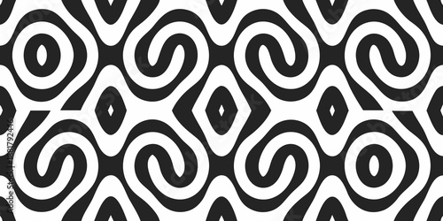 Intricate black and white optical illusion pattern with swirling and diamond shapes