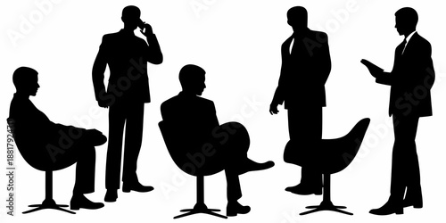 Silhouettes of business professionals in formal wear and modern office settings