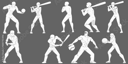 A sequence of baseball player figures in various hitting and pitching poses