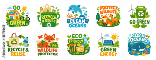 Colorful kids eco and environment badges collection. Set of recycling, green energy, clean oceans and wildlife protection themes