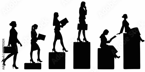 Silhouette of businesswomen ascending steps representing career progression and success