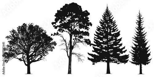 Silhouettes of various tree types against a stark white background