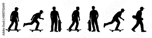 Skateboarder silhouettes riding and walking in black. Set of skateboarding poses with board