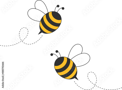 Cartoon bees with yellow and black stripes flying white with dotted flight paths insect