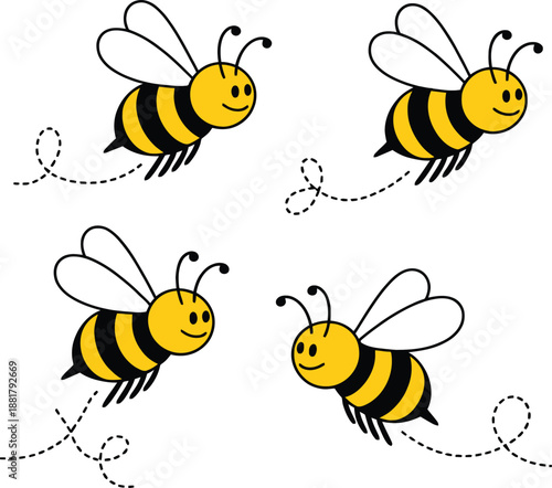 Cartoon bees with yellow black bodies and white wings flying insect animal
