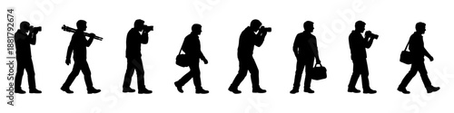 Photographer silhouettes walking in black. Set of men holding camera, tripod, and bags