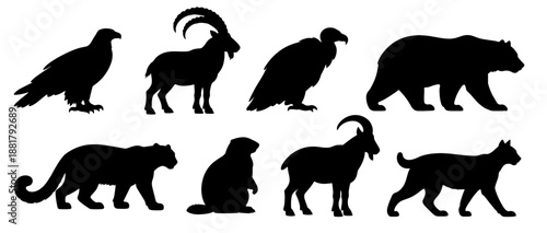 Wild animal silhouettes showing predators and herbivores together. Black animal figures representing natural diversity and balance