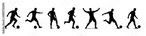 Soccer player silhouettes kicking ball in black. Set of football actions including dribbling and shooting