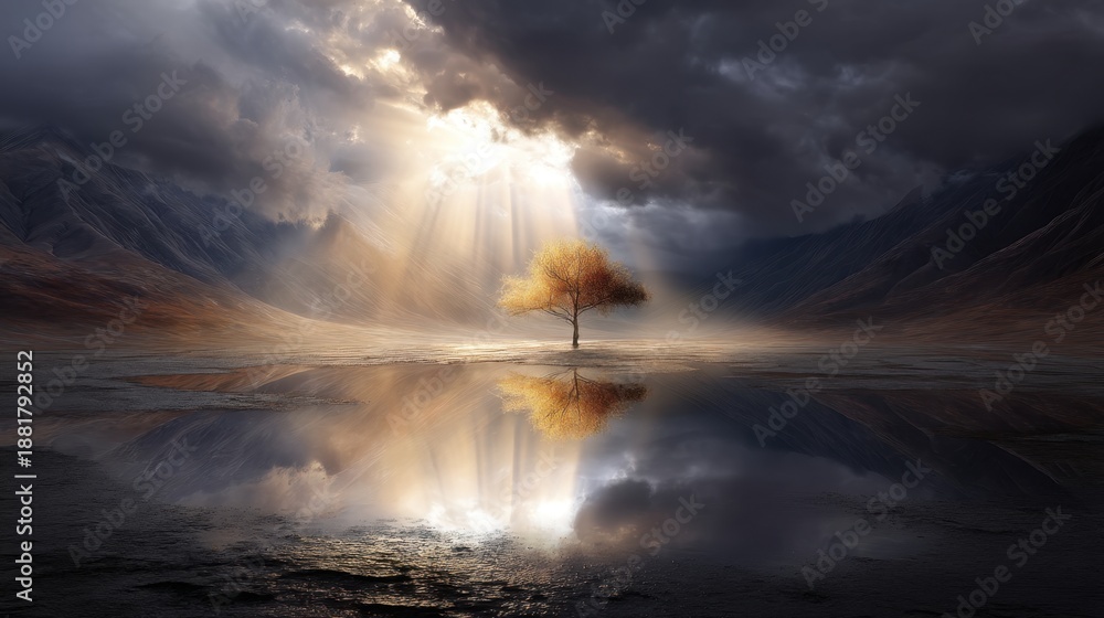 Obraz premium Solitary barren tree with golden leaves reflecting on water surface. Light rays shining through dark dramatic clouds over mountain landscape.