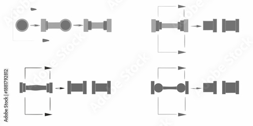 Schematic illustrations depicting mechanical components and directional movement arrows