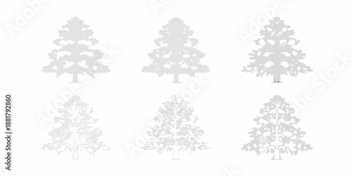 Simple gray silhouettes of coniferous trees arranged on a white background