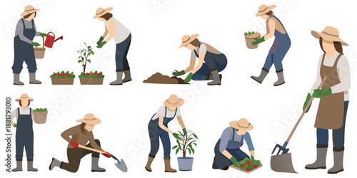 Diverse group of gardeners tending to plants in various poses