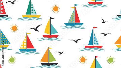 Nautical seamless pattern featuring various colorful sailboats with patterned sails sailing on waves with seagulls and bright suns.
