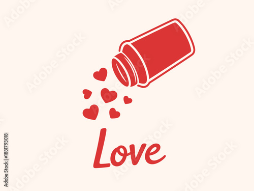 Red hearts spilling from an open bottle with the word love below