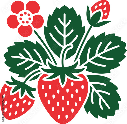 Canvastavla Red strawberries and green leaves with a red flower a white strawberry leaf
