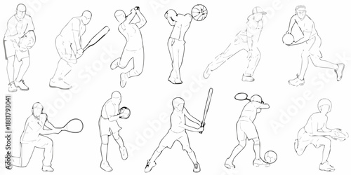 Line art illustration of baseball players in various action poses
