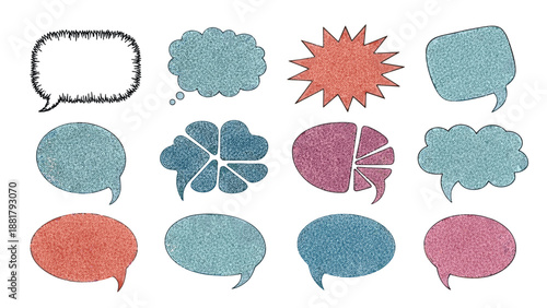 Assorted textured speech bubbles and dialogue boxes in different colors and shapes for social media posts and creative messaging.