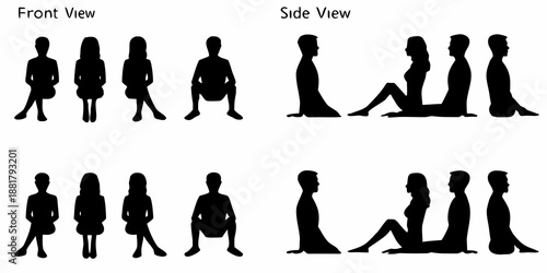 Silhouettes of people in various yoga poses front and side views