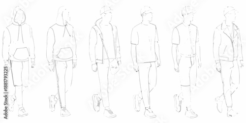 Fashion sketches of diverse young adults wearing casual streetwear clothing