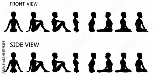 Yoga poses illustrated with silhouette figures front and side views displayed