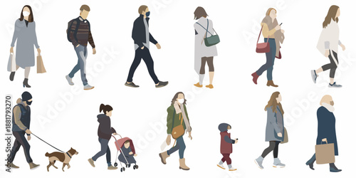 Diverse group of stylized people walking in various casual outfits