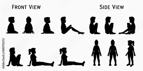 Silhouettes of a person in various poses front side and reclining views