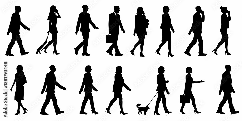 Fototapeta premium Silhouettes of people walking in various poses and with different accessories