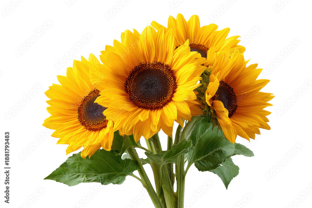 Obraz premium Bunch of bright yellow sunflowers with dark centers on black background image