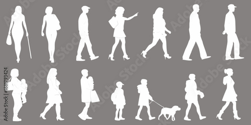 Silhouettes of people in various poses and activities against a gray background