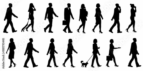 Silhouettes of people walking in various poses and with different accessories