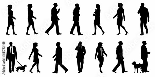 Silhouettes of people walking in various poses and attire including dogs