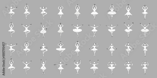 A collection of stylized white silhouettes depicting various yoga poses and stances