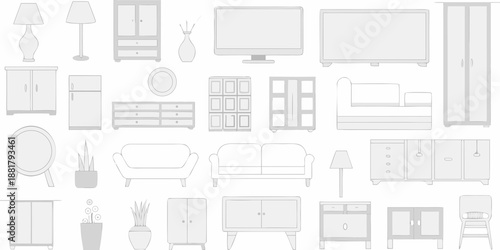 A collection of gray furniture items arranged on a white background