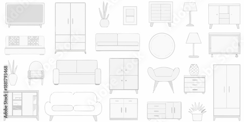 Line art illustration showcasing various furniture pieces in a minimalist style