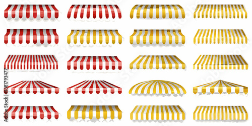A colorful collection of striped awnings in red yellow and white tones