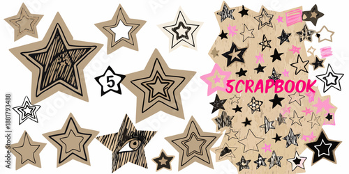 Collection of diverse star shapes and scrapbook elements on a white background