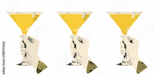 Three hands holding martini glasses filled with a golden yellow beverage