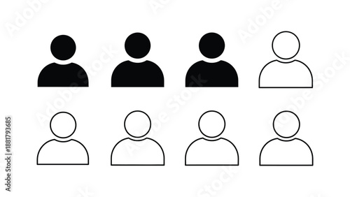 Collection of eight simple user profile icons showing solid fill and outline styles for interface design