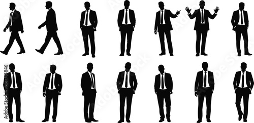 Large collection of black silhouettes featuring professional businessmen in formal suits and ties for corporate leadership office success entrepreneurship and executive management career concepts