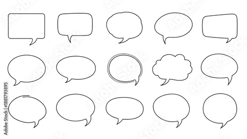 Assorted collection of fifteen hand-drawn empty speech bubbles and thought clouds with sketchy black outlines for comic designs.