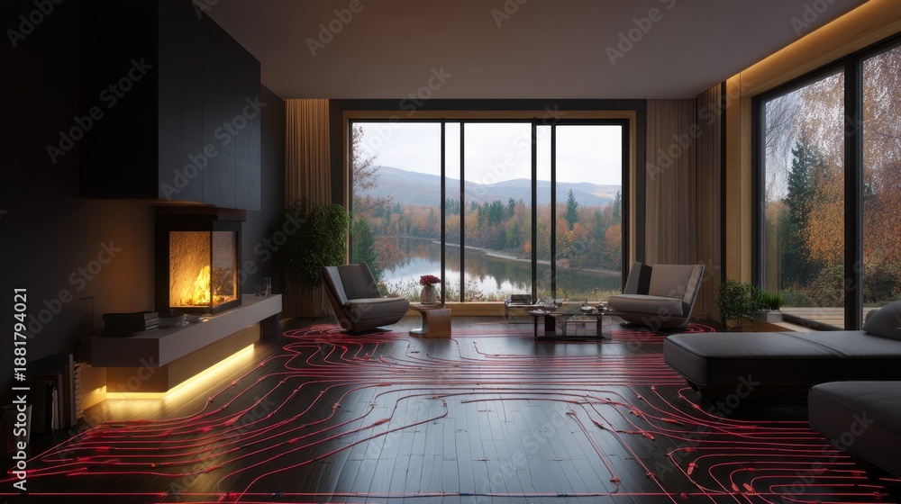 Fototapeta premium Underfloor heating system installation in modern living room with fireplace and scenic autumn lake view. Home renovation and comfort concept.