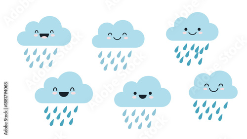Set of six adorable blue cartoon clouds with various happy smiling faces and blue raindrops falling against a white background.