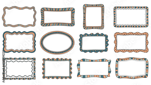 Collection of twelve decorative hand-drawn frames featuring colorful patterns and varied shapes for creative border designs.