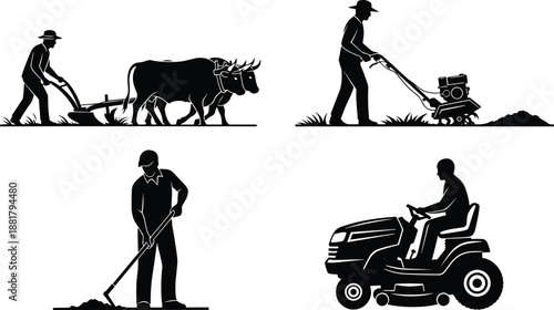 Large collection of black silhouettes featuring traditional and modern farmers plowing fields with oxen using manual tools and operating machinery for agriculture and organic farming concepts