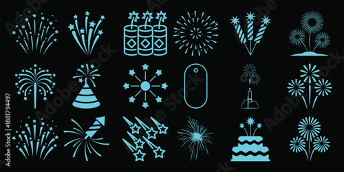 Collection of cyan fireworks and celebration black party explosion
