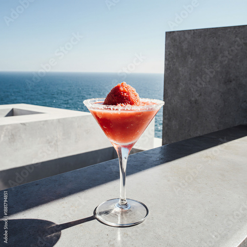 Daiquiri de Morango Frozen em Balcão de Concreto: Design Moderno à Beira-Mar