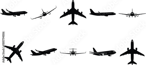 Airplane silhouettes set, commercial jet aircraft views, top side front angles, aviation transport icons, black shapes isolated white background